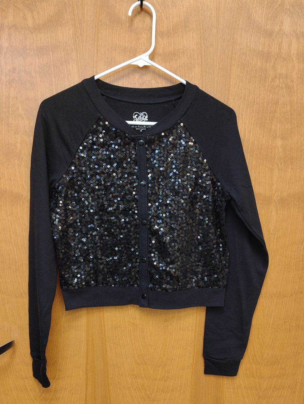 Justice Black Sequin-Front Snap Bomber Cardigan